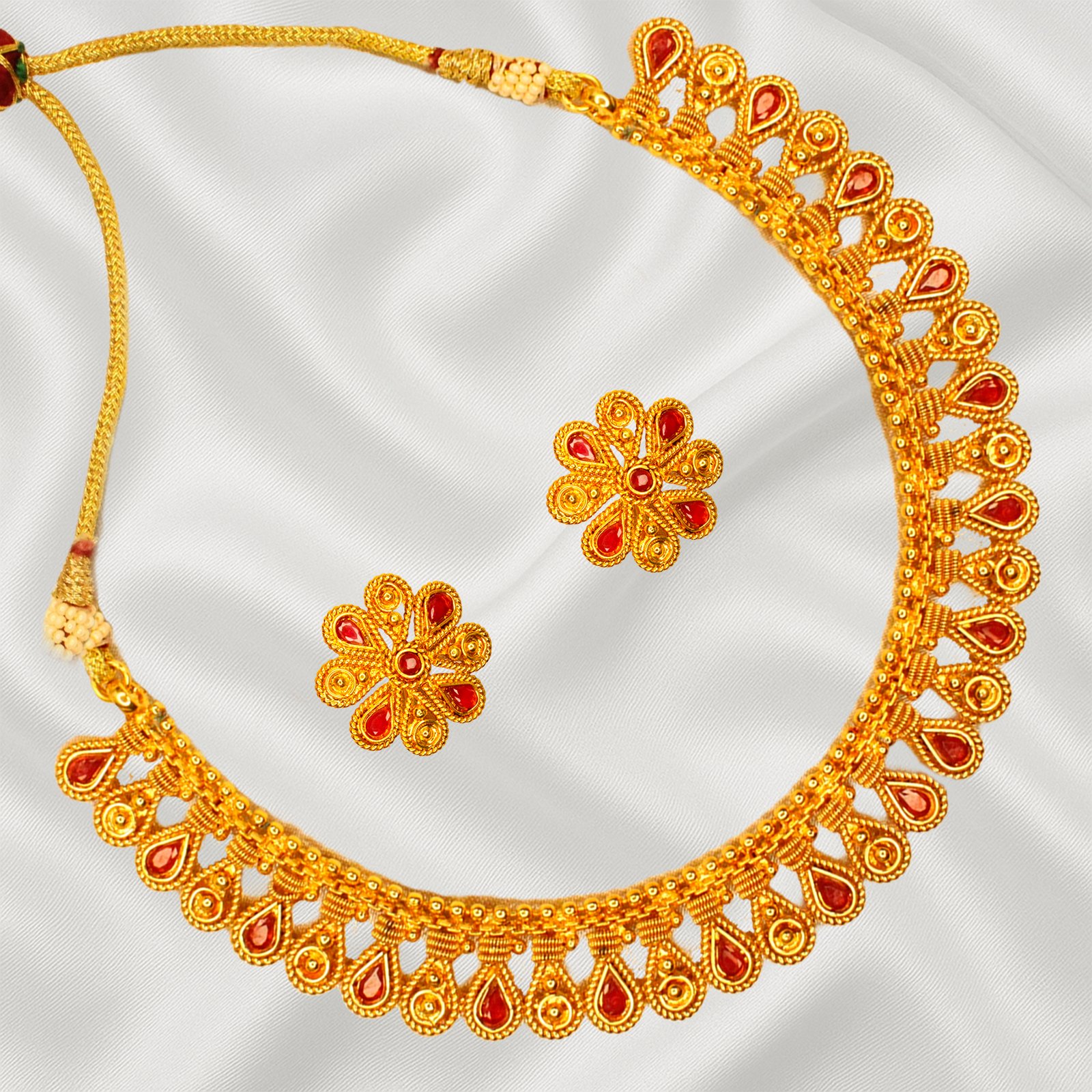 Balusha Flowered Gold-Tone & Ruby Necklace Set - Image 4