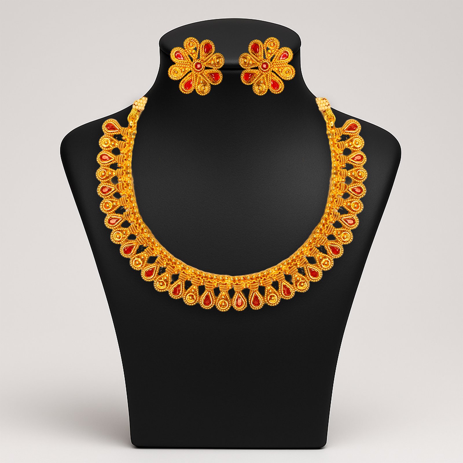 Balusha Flowered Gold-Tone & Ruby Necklace Set