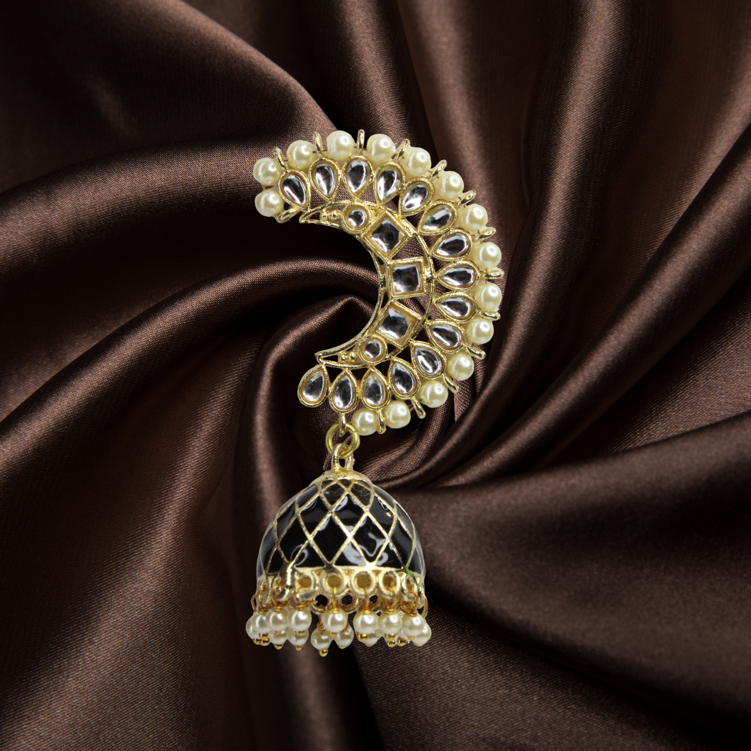 Kundan Pearl Jhumka Earrings – Black & Gold - Image 2