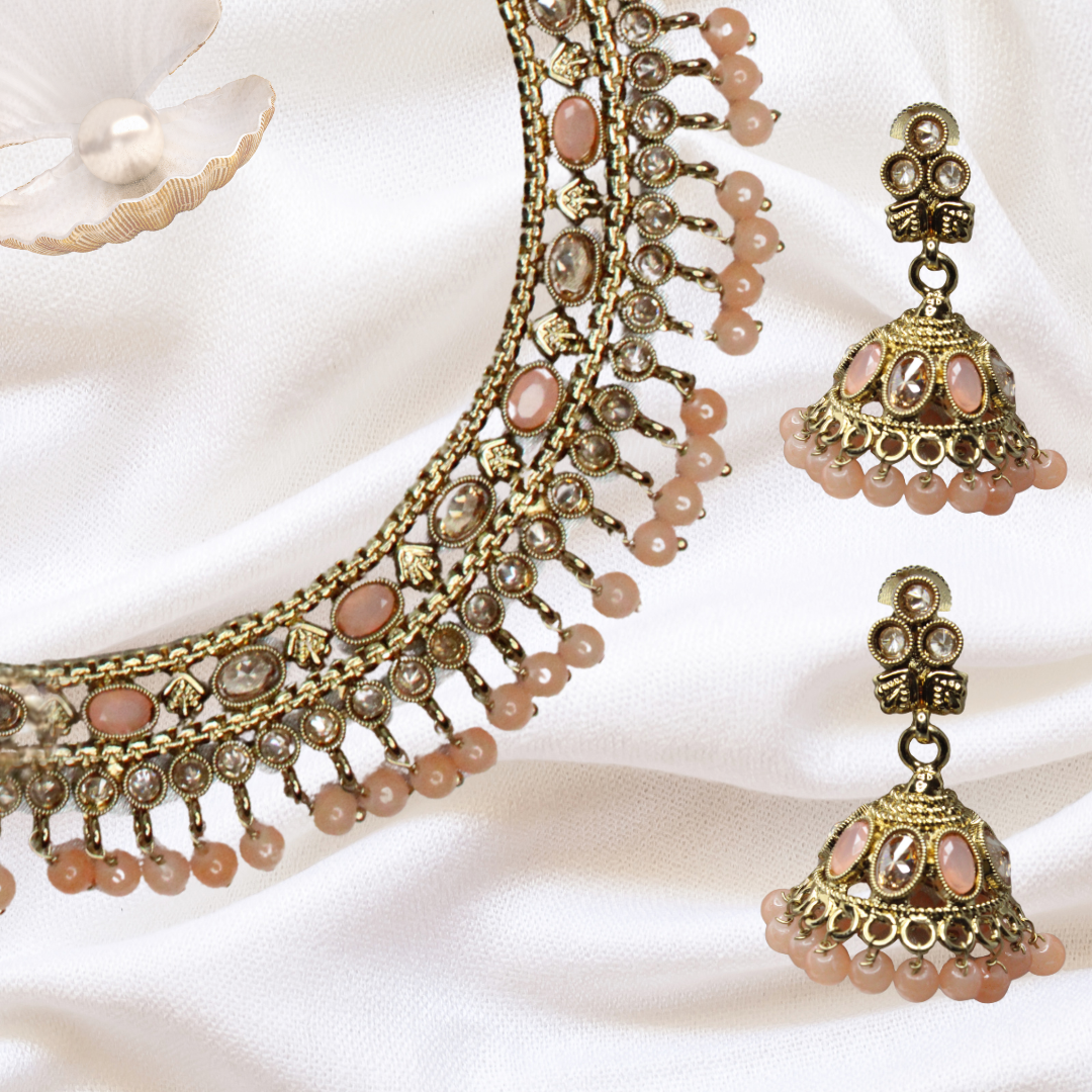 Balusha Salmon Glow Antique Jhumka & Choker Necklace - Image 3