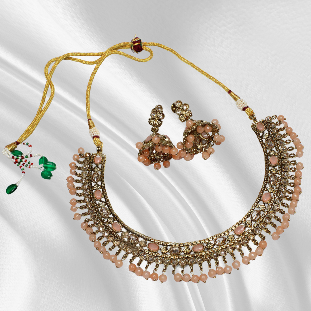 Balusha Salmon Glow Antique Jhumka & Choker Necklace - Image 2