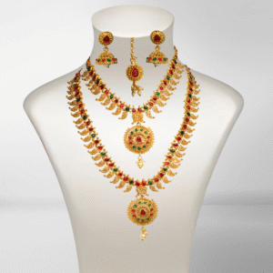 Balusha Royal Red-Green Meenakari Two Layerd Set With Tika