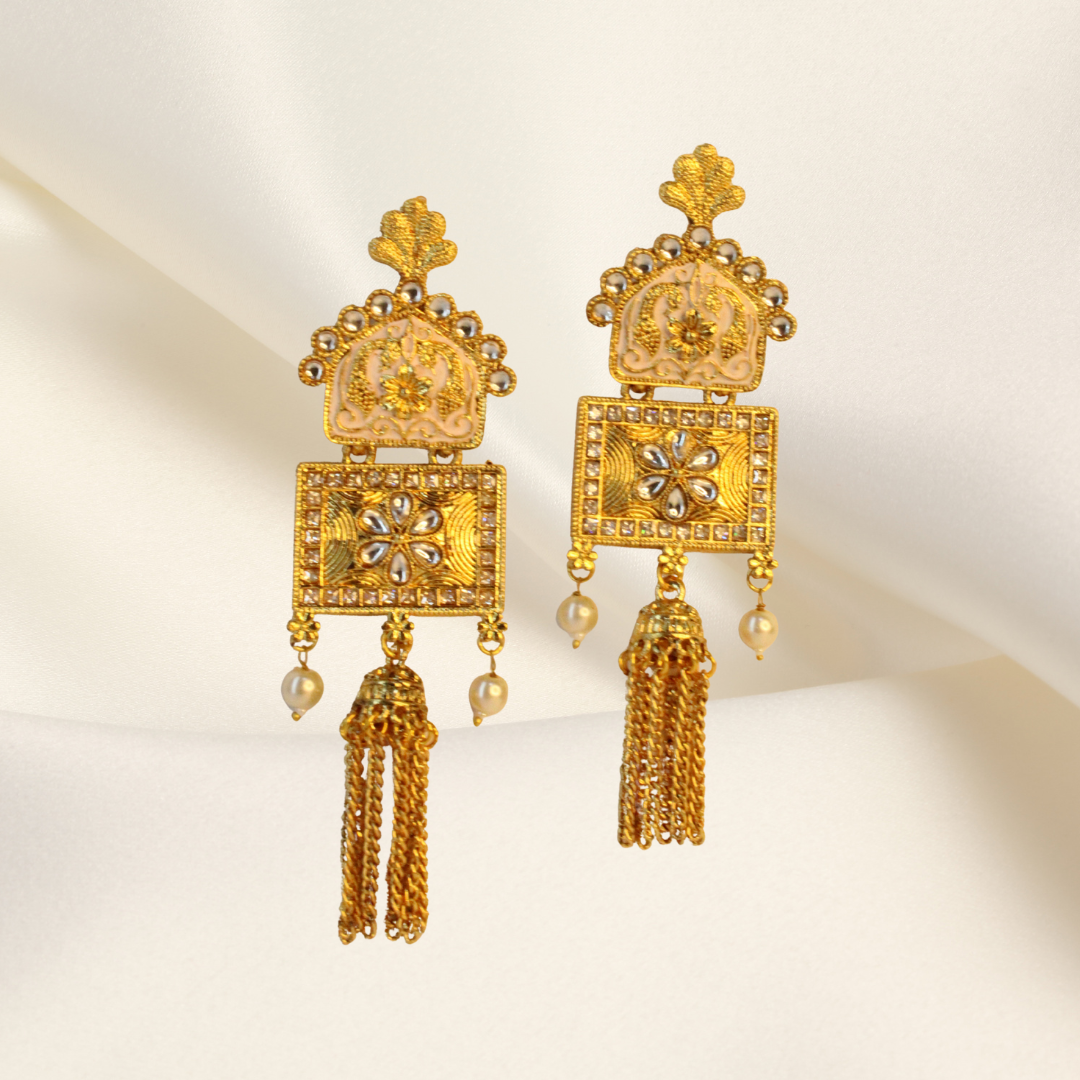 Balusha Kundan Floral Work Golden Earrings