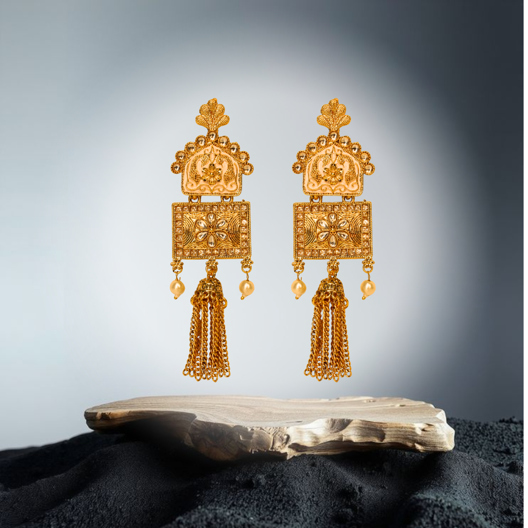 Balusha Kundan Floral Work Golden Earrings - Image 3