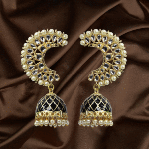 Kundan Pearl Jhumka Earrings – Black & Gold