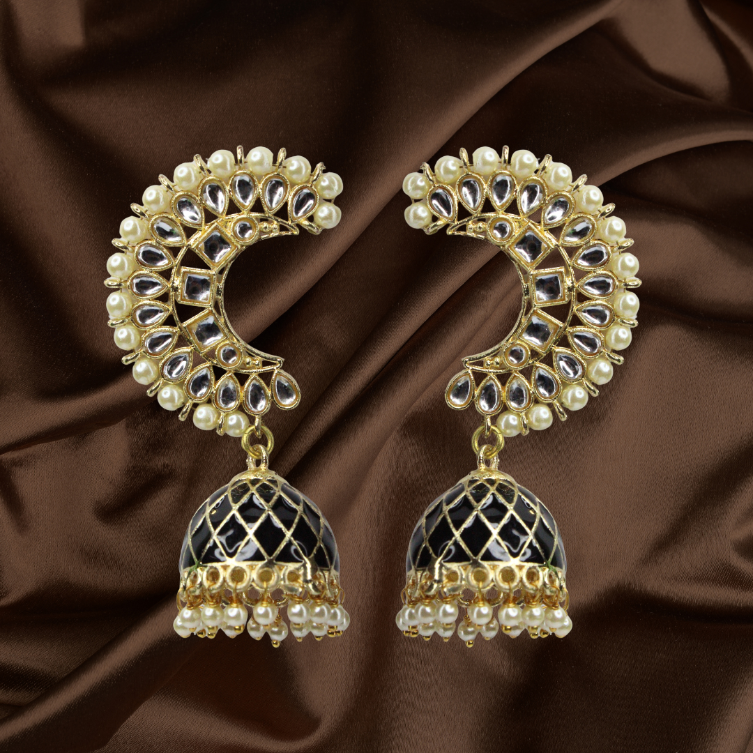 Kundan Pearl Jhumka Earrings – Black & Gold