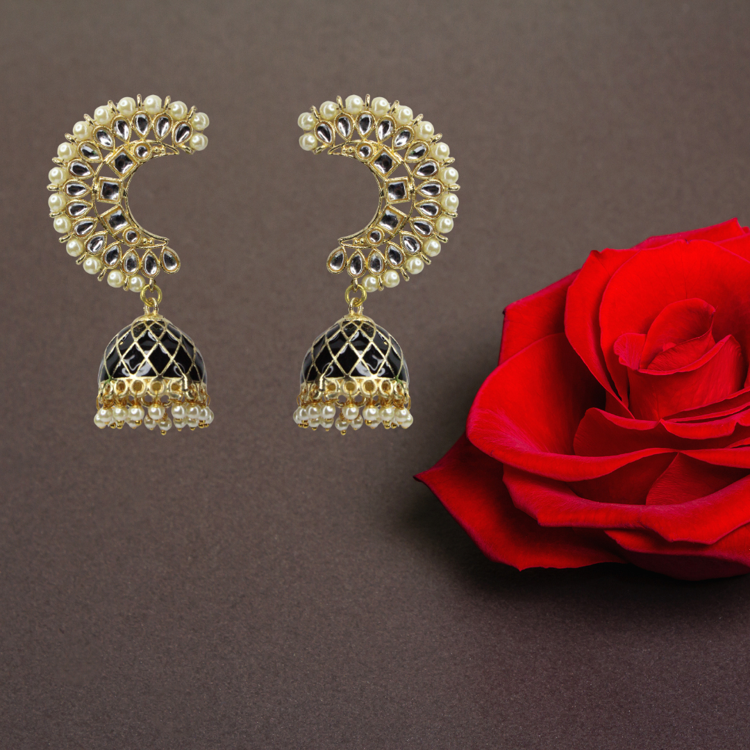 Kundan Pearl Jhumka Earrings – Black & Gold - Image 4