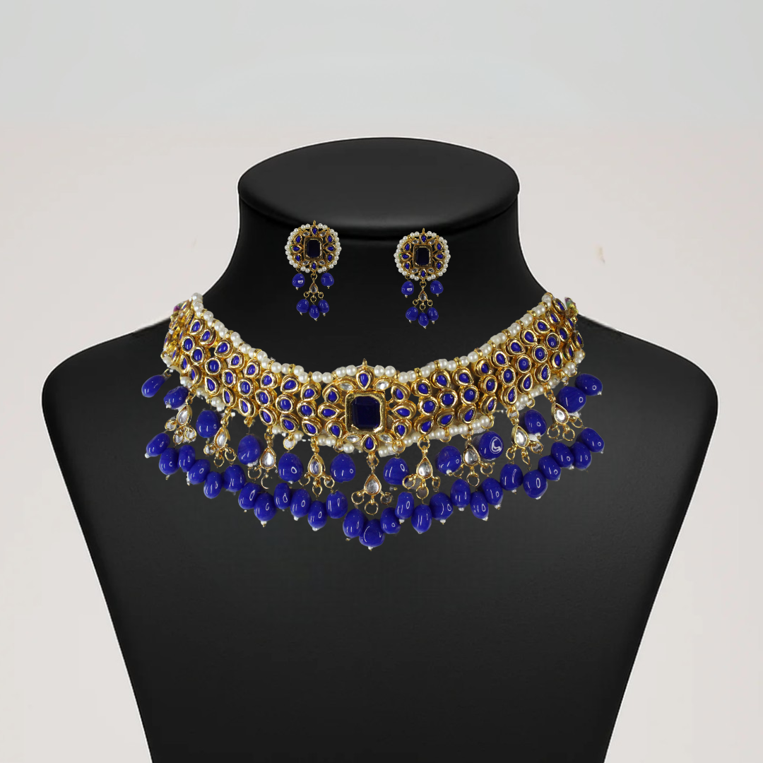 Balusha Traditional Indian Blue Choker Earrings Set