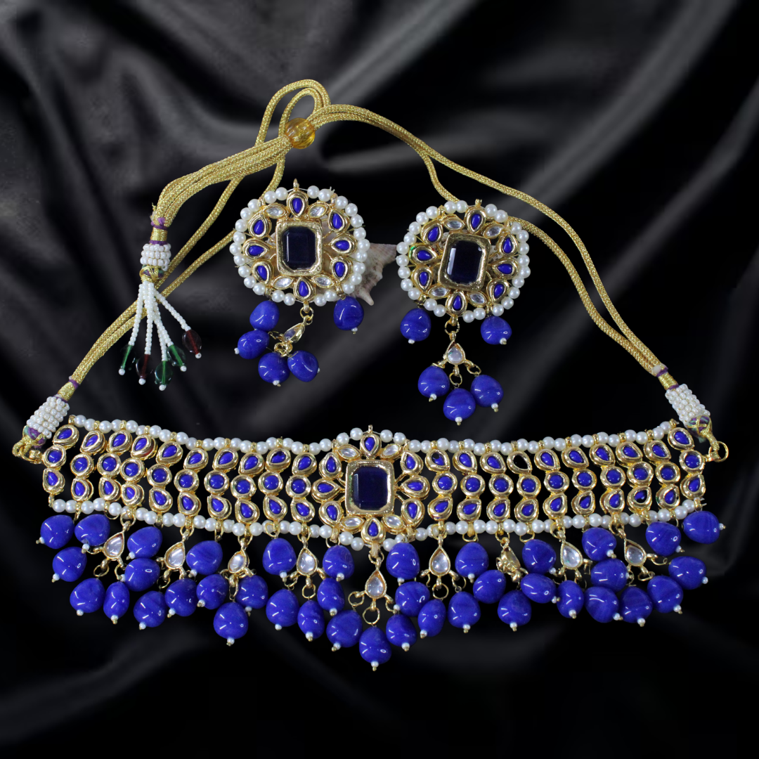 Balusha Traditional Indian Blue Choker Earrings Set - Image 3