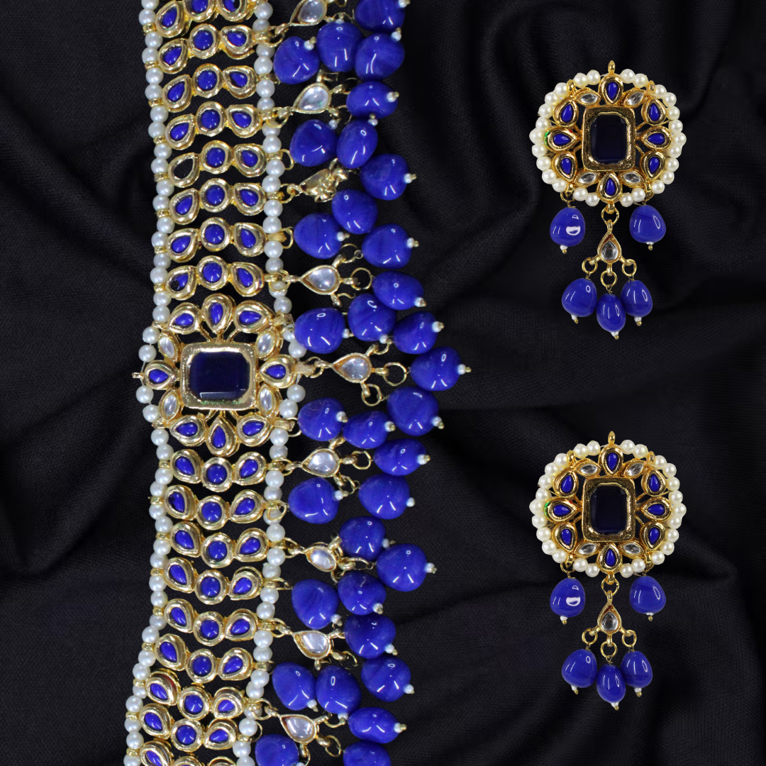 Balusha Traditional Indian Blue Choker Earrings Set - Image 4