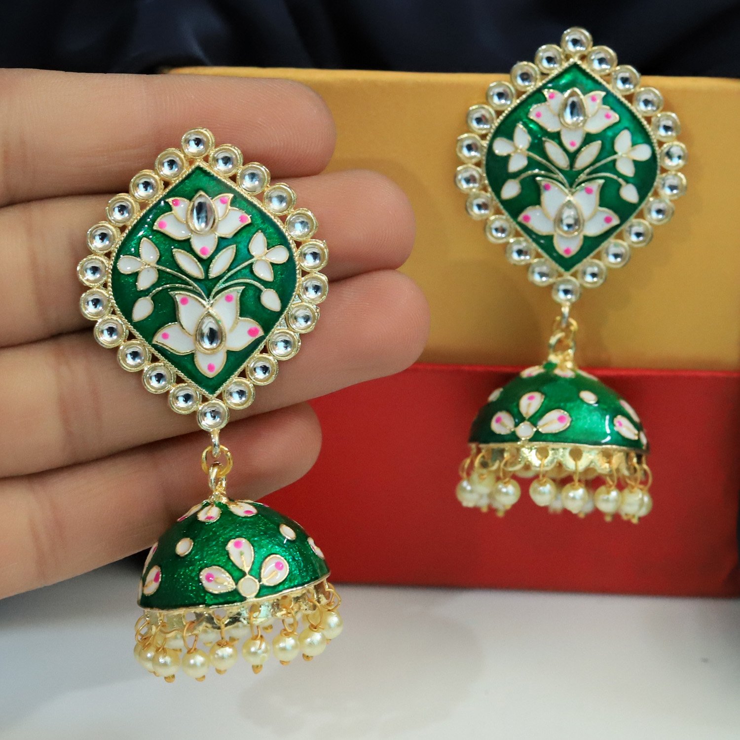 Green Meenakari Jhumkas - Image 2