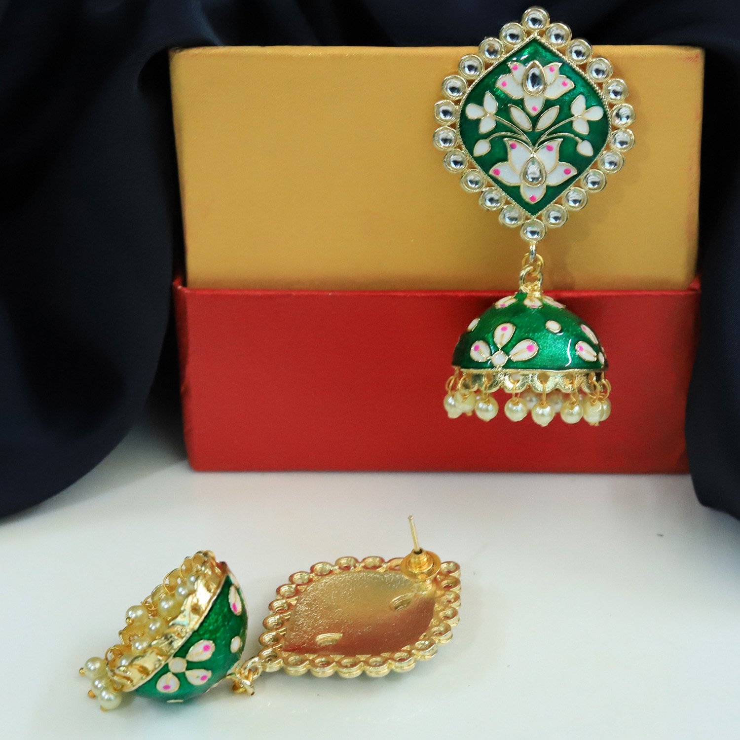 Green Meenakari Jhumkas - Image 3