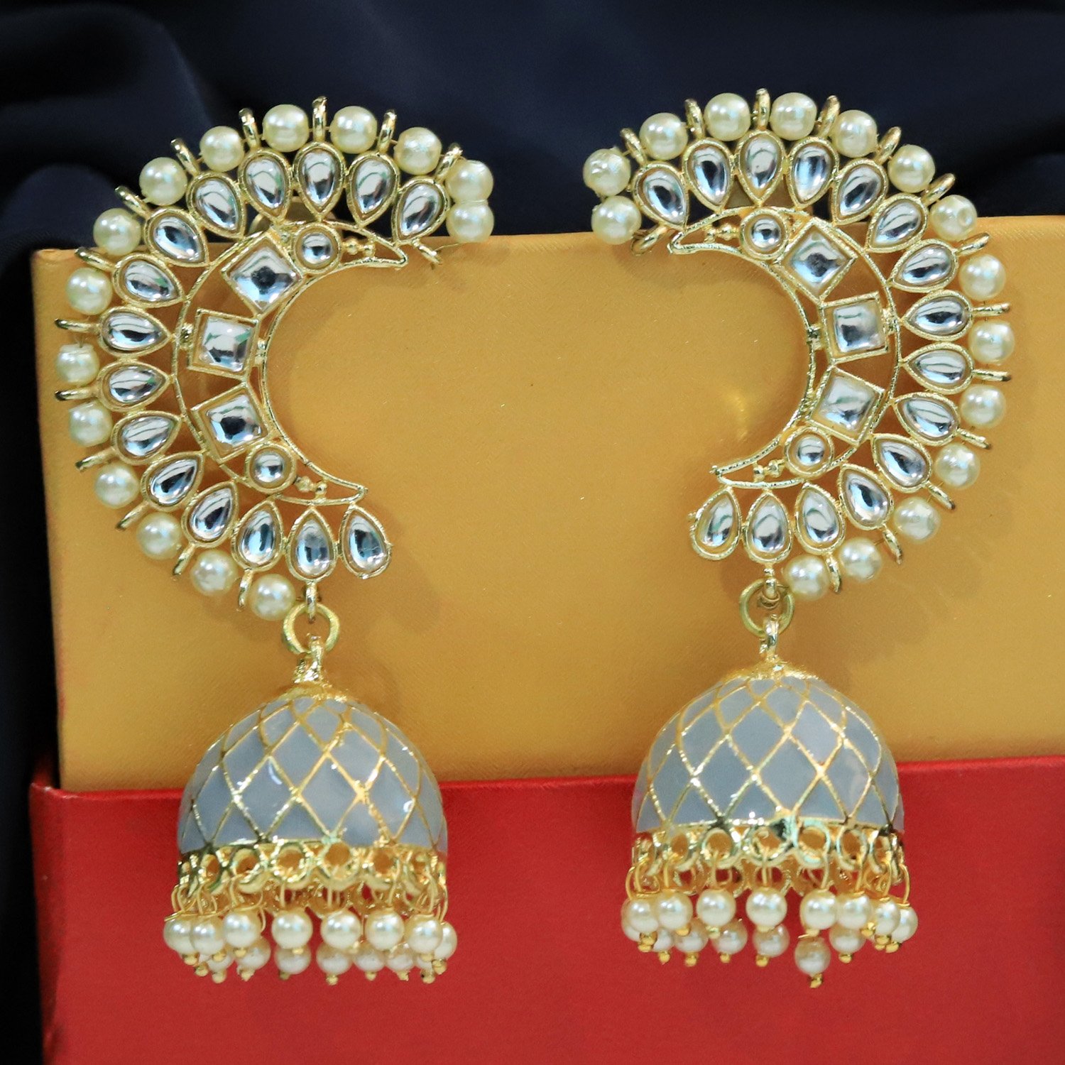 Balusha Jhumka - Grey Meenakari Dome Earrings - Image 2