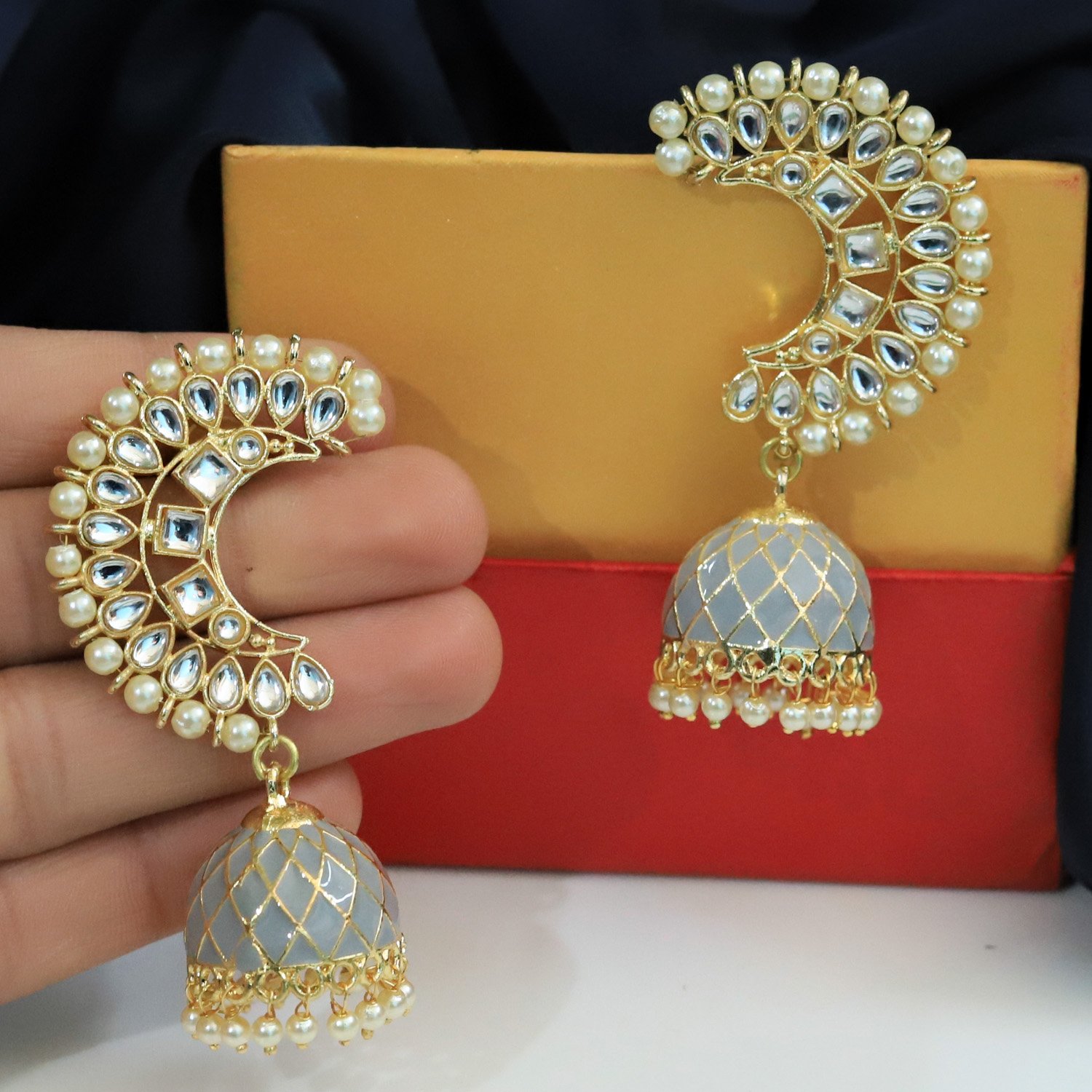 Balusha Jhumka - Grey Meenakari Dome Earrings - Image 3